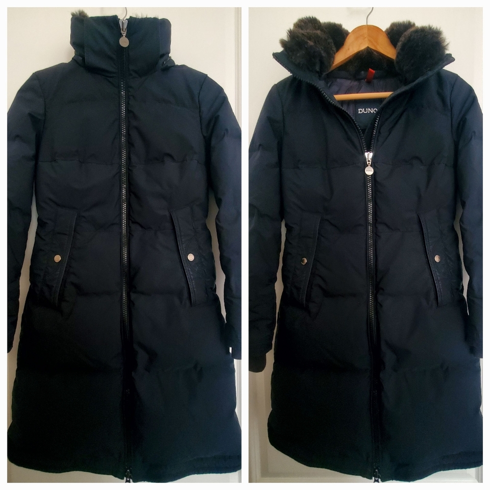 DUNO 100% down Italian design jacket puffer removable hood fur pockets size 40